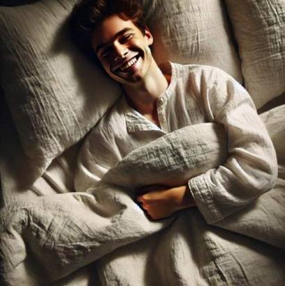 Image d'une personne se réveillant dans un lit avec une parure de lit en lin, avec un sourire de satisfaction